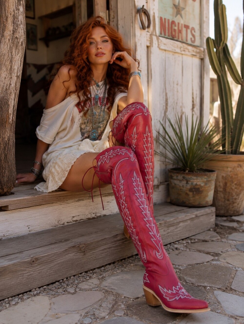 Red Over-the-Knee Western Cowboy Boots Lace-Up Snip Toe 7.5